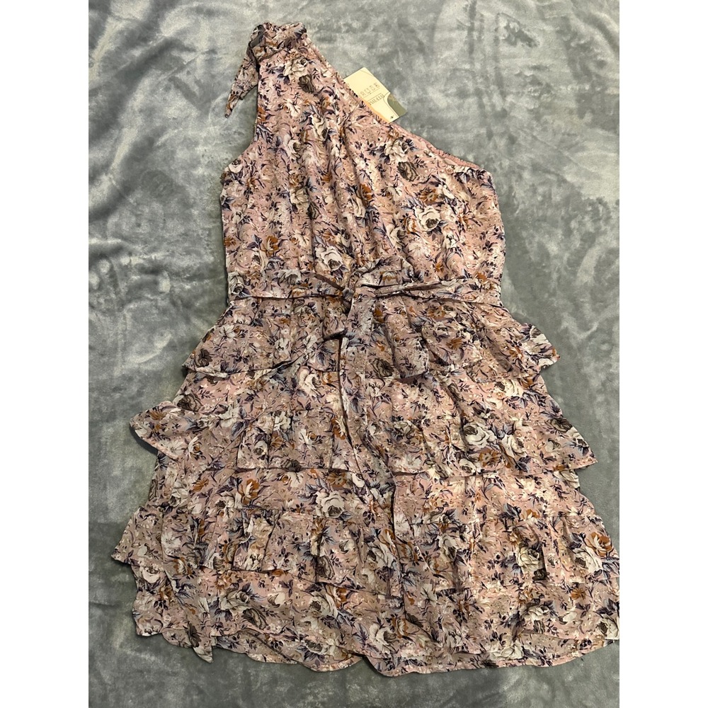 BTFBM‎ Dress Women Large Pink Floral One Shoulder Tiered Ruffle Boho Mini